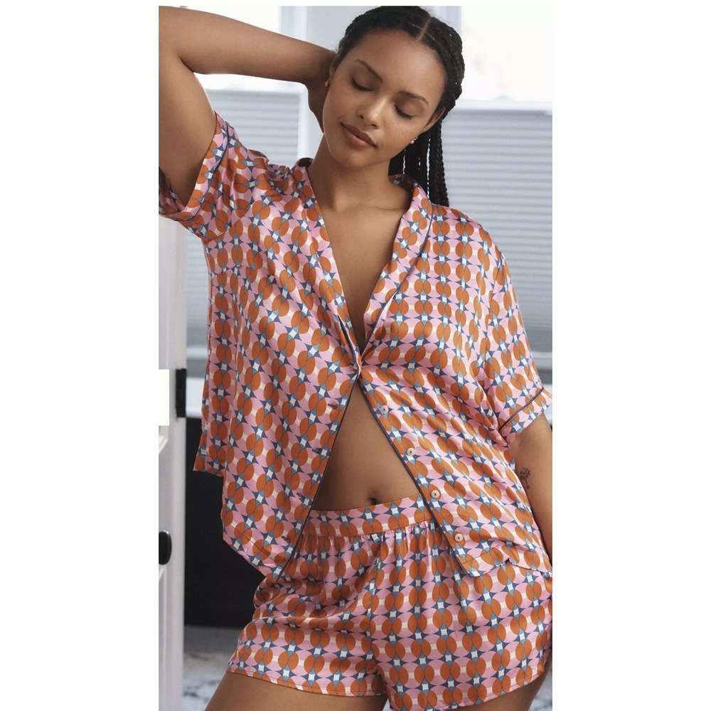 Anthropologie LyreBird Silky Printed Pajama Set Sold Out Print Top XL Shorts LG - Picture 1 of 16